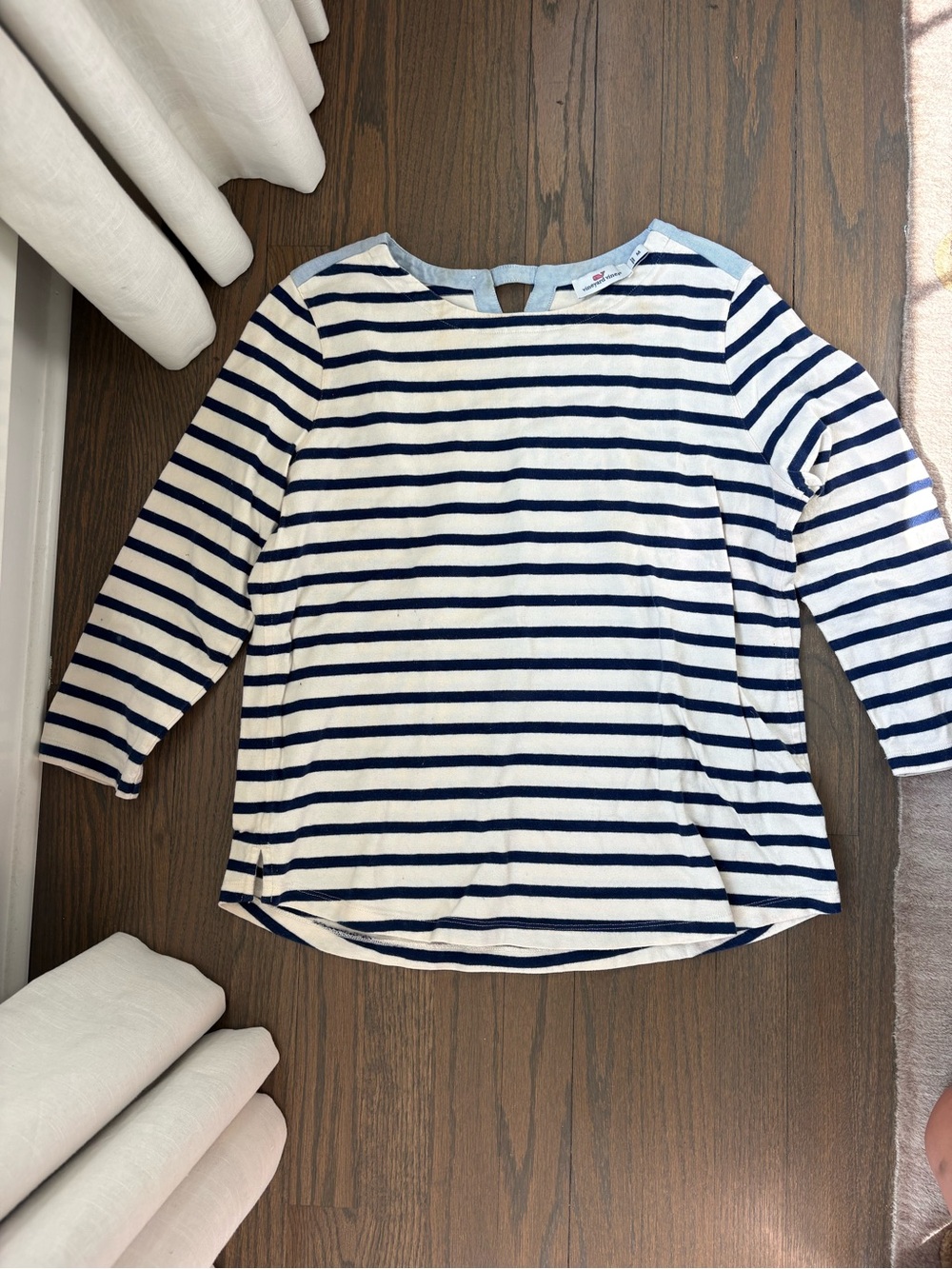 Vineyard Vines Navy and White Striped Boatneck Long Sleeve Tee